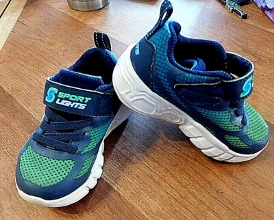 Skechers Sport Lights azul/verde malla iluminada zapatillas niño niño 5 encaje sin corbata Foto 1 de 4