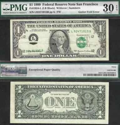 $1 1999 FRN RARE HORIZONTAL GUTTER FOLD ERROR PCGS VF 30EPQ - Image 1 of 2