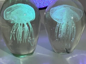 Solid White Art Glass Jellyfish Glow In The Dark 4-1/2" Set of 2 - Picture 1 of 9