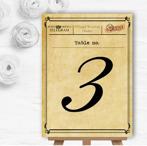 Tarjetas con nombre de número de mesa de boda personalizadas escritas a máquina Telegram vintage - Imagen 1 de 1