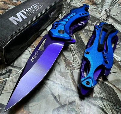 M-Tech Spring Assisted Purple Blade Blue Handle Tactical Pocket Knife!