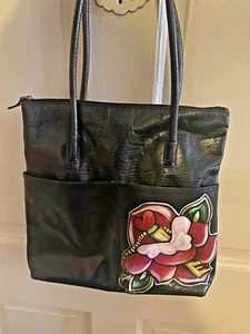 CUSTOM TATTOO leather handbag purse pocketbook painted hand painted tote rose - Picture 1 of 3