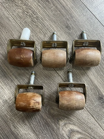 Set of 5 Vintage MCM Wood & Brass Wheel Furniture Casters made by Harvard Mfg Co Cover