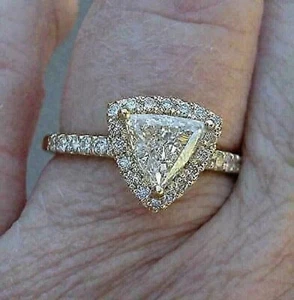 2Ct Trillion Cut Lab Created Diamond Engagement Halo Ring 14K Yellow Gold Plated - Picture 1 of 5