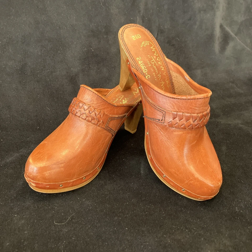 "Zuecos vintage para mujer talla 4,5 cuero terracota madera 3"" tacones bohemios años 70" Foto 1 de 4