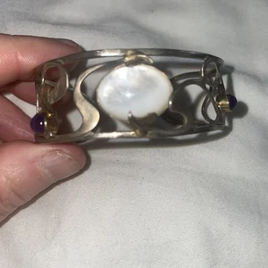 Vintage Brass Bangle With Real large Moonstone And Amethyst Stones - Picture 1 of 10