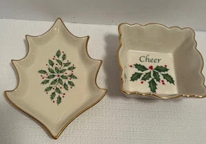 Lenox Holiday Tree Shaped Dish Fluted Cheer Square Gold Rim Qty 2 Excellent - Picture 1 of 7