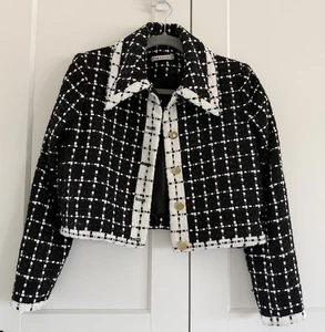 Chaqueta Recortada Alice + Olivia Renae Tweed Negra Blanca Brillante Talla Pequeña - Imagen 1 de 13