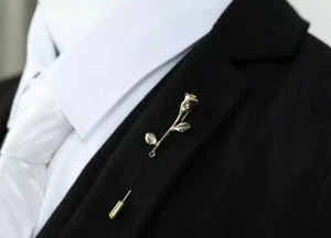 Silver Plated Rose Stick Pin Boutonniere Wedding Costume Brooch Mens Suit Lapel - Picture 1 of 4