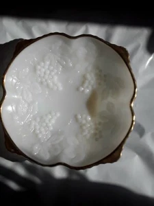 Vintage Milk Glass Pedestal Serving Dish w Gold Rim & Embossed Grape Clusters - Picture 1 of 1