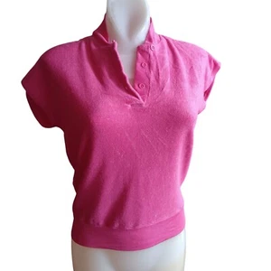Medium Vintage 70's Pink Terrycloth Disco Top Rayon Button-Up Collar - Picture 1 of 8