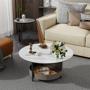 Upscale Sintered Stone Center Table Exqusite Leather Sofa Side Table Living Room - Picture 1 of 17