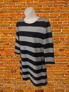 HOBBS SIZE UK 12 BLACK GREY STRIPED LINED THICK HEAVY 3/4 SLEEVE SMART DRESS - Picture 1 of 6