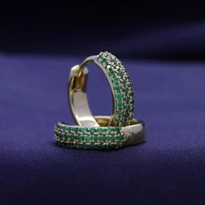 2 Ct Round Cut Simulated Green Emerald Hoop Earrings 14K Yellow Gold Plated - Picture 1 of 3