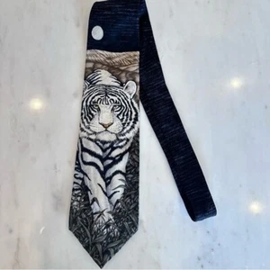 Vintage White Siberian Tiger Silk Neck Tie by Marc Dennis 90s Wildlife - Imagen 1 de 4