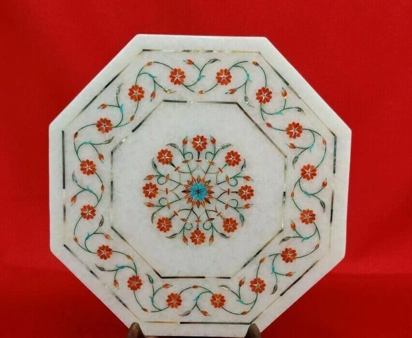 12" Marble Side end Table Top Pietra Dura Floral Handmade Inlay Work Decor - Image 1 of 3
