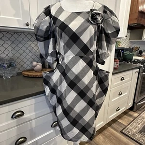 Burberry London Blue Label Black White Plaid Puff Sleeve Silk Pencil Dress 38 S - Picture 1 of 17