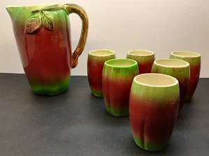 Vintage Handmade Ceramic Apple Themed Juice Pitcher & 6 Glasses - Picture 1 of 11
