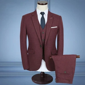 3 Piece Men's Burgundy Tweed Notch Lapel Prom Party Groom Tuxedo Wedding Suit - Picture 1 of 10