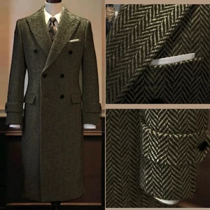Herringbone Men Overcoat Wool Blend Double Breasted Long Coat Outwear Business - Picture 1 of 15