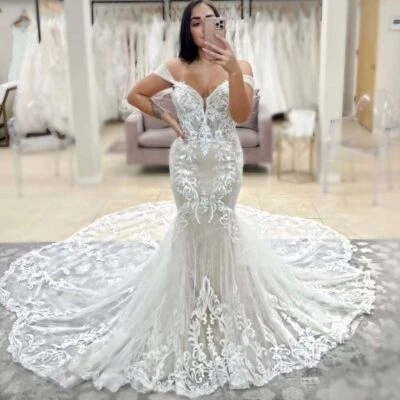 Elegantes Vestidos de Novia Sirena Fuera del Hombro Apliques de Encaje Vestidos de Novia Nuevos Foto 1 de 4