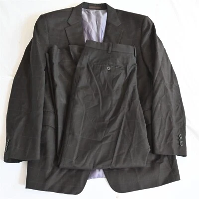 Oliver & James 44R 34x32 Brown Windowpane 100% Wool Mens Jacket Pants Suit - Image 1 of 4