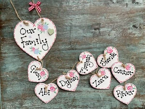 Personalised Our Family Name Plaque Handmade Hanging Heart Gift Home Shabby Sign - Picture 1 of 15