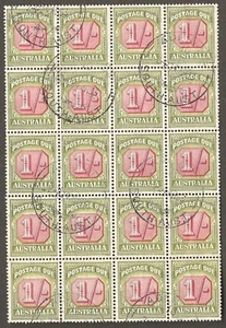 1947 1/- Shilling Postage Due Australia Sc #J80 C of A WMK Used Block of 20 - Imagen 1 de 2