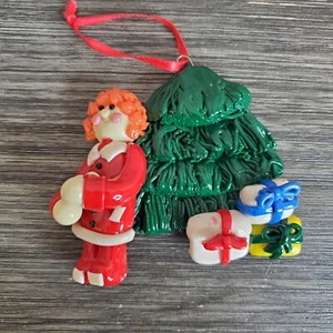 Vintage Clay Dough Christmas Ornament- Tree Presents Santa Girl Taiwan Red - Picture 1 of 7