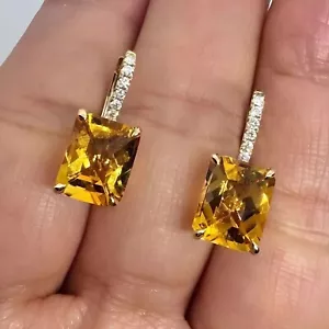 2.Ct Emerald Cut Lab-Created Citrine Drop/Dangle Earrings 14K Yellow Gold Plated - Picture 1 of 8