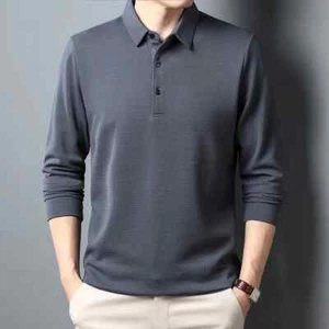 New Men's Business Fashion Casual Long Sleeved Shirt Solid Color Polo Shirt - Picture 1 of 30