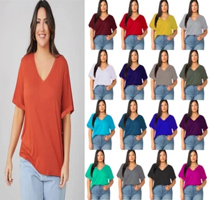 Women Baggy Oversized Loose Fit Turn up Batwing Sleeve Ladies V Neck Top T shirt - Picture 1 of 17