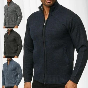 Mens Zip Up Wool Knit Funnel Neck Cardigan Thermal Fleece Lined Jumper Sweater - Picture 1 of 12