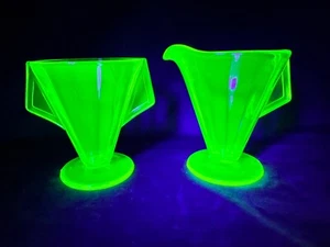 Uranium Glass Creamer & Sugar Set Westmoreland Optic Pattern #1707 Huxford Glows - Picture 1 of 18