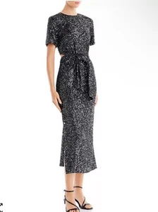 C/MEO Collective Womens Sz 8 Black Cut Out Sequined Midi Dress Bling Cocktail - Picture 1 of 15