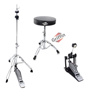 GRIFFIN (3-PACK) Kick Pedal, Drum Throne, Hi-Hat Stand | Percussion Chrome Mount - Picture 1 of 14