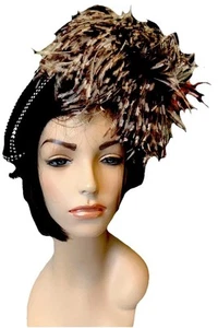 Vintage SCOTT AND STUCKMAN NEW YORK braun Wolle Cloche Hut Federn Strass  - Bild 1 von 3