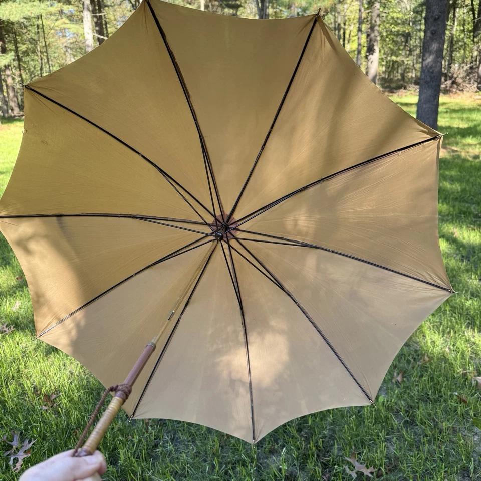 Vtg Parasol Umbrella Schwartz Gold Finish Metal Bamboo Faux Leather 31"D 30"L - Image 1 of 4
