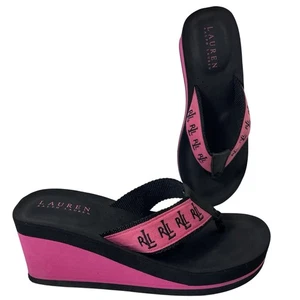 Ralph Lauren Flip Flop Sandals Womens 7 Wedge Platform Shoes Black Pink Logo Y2K - Picture 1 of 11