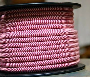 ZigZag Red/White Cloth Covered 3-Wire Round Cord, 18ga. Vtg Lamps Antique Lights - Picture 1 of 5