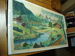 original painting 21 x 39 inches mountain cabin town FLEISCHMANN - Picture 1 of 8