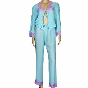 Vintage Jacalyn Bennett Fredericks Hollywood Blue Purple Silk Lace Pajamas, S