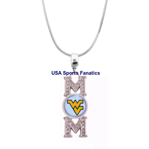 West Virginia Mountaineers MOM Necklace W/Rhinestones On A 925 SS Snake Chain Cover