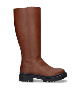 Botas de mujer altas por la rodilla en cuero vegano marrón planas con cremallera - Imagen 1 de 10