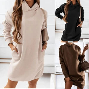 Short Mini Dresses Women Casual Hooded Holiday Ladies Hoodies Dress Long Sleeve - Picture 1 of 17