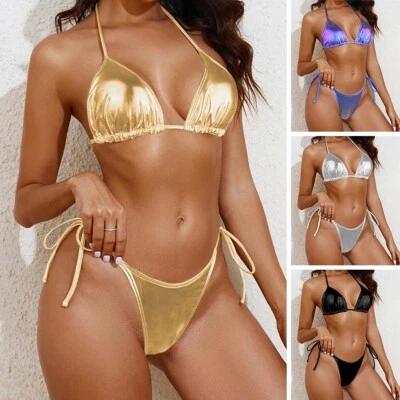 Womens Sexy Push Up Swimwear Side String Bikini Metallic Swimsuit Bathing Suits - Image 1 of 4