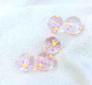 Blumenperlen, Lampwork Perlen, Glasperlen durchsichtig 5 Stück Klarglas rosa - Bild 1 von 2