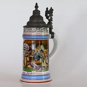 Alter antiker Bierkrug Porzellan Bodenbild Ludwig Deckel 0,5l Käserei Zunftkrug - Bild 1 von 13