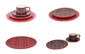 Geschirr Set 4-tlg. rot kariert Schottenkaro Tafelservice Teller Tasse Advent - Bild 1 von 5