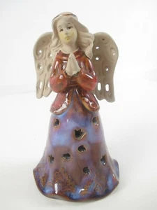 Angel Bell Ceramic Glazed 5" Praying Red Blue Purples - Picture 1 of 5